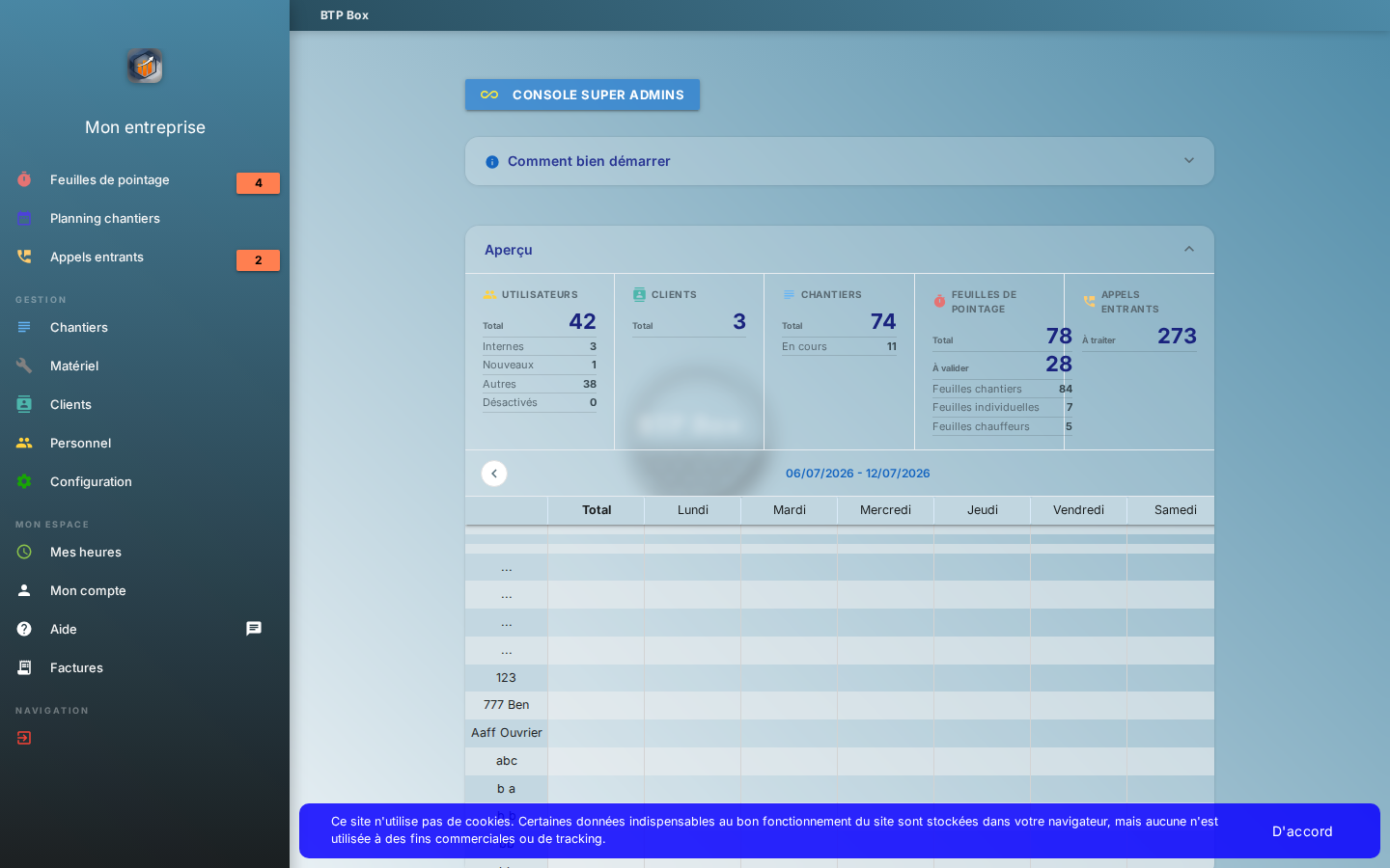 Tableau de bord de BTP Box