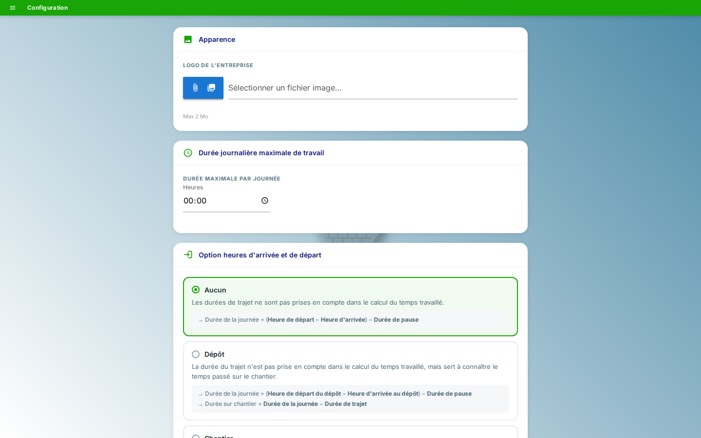 Page de configuration