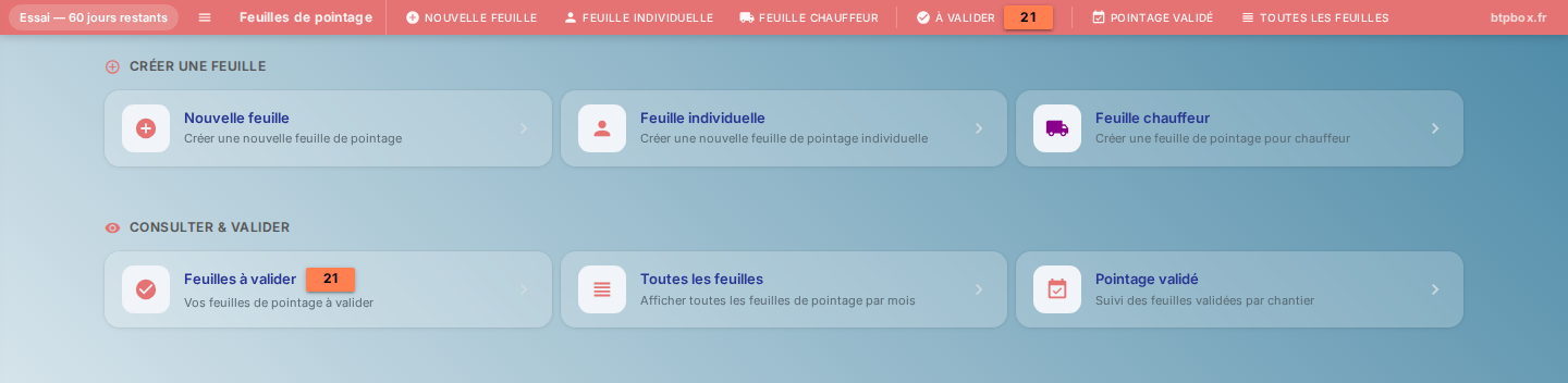 Menu du module Feuilles de pointage BTP Box
