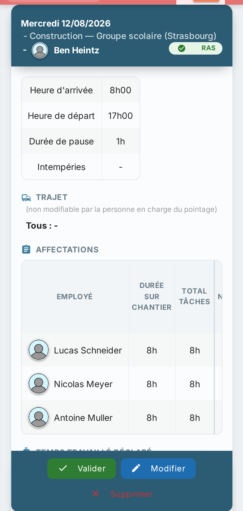 Feuille reçue par le conducteur de travaux, prête à être validée