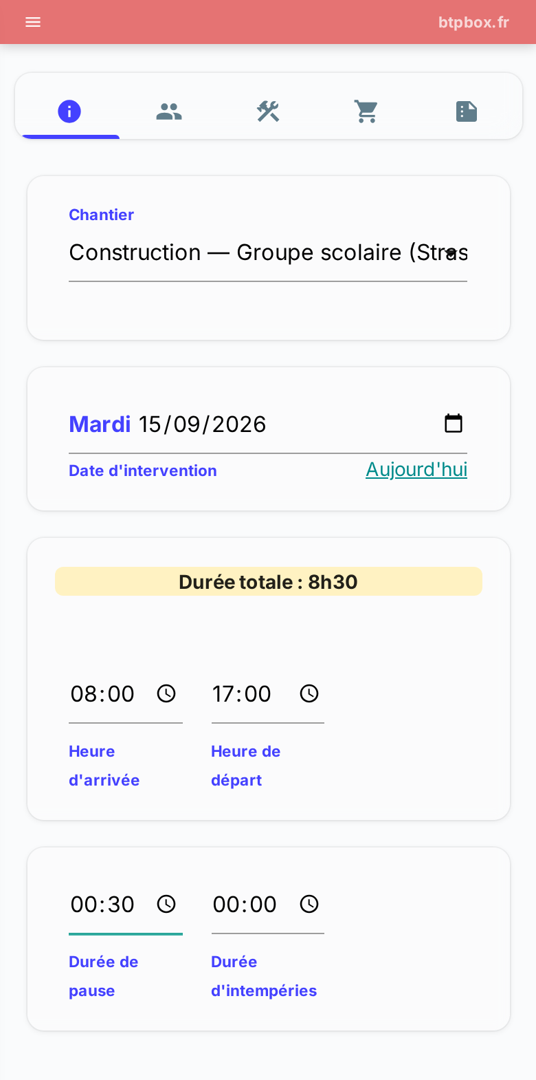 Sélection du chantier, de la date et des horaires