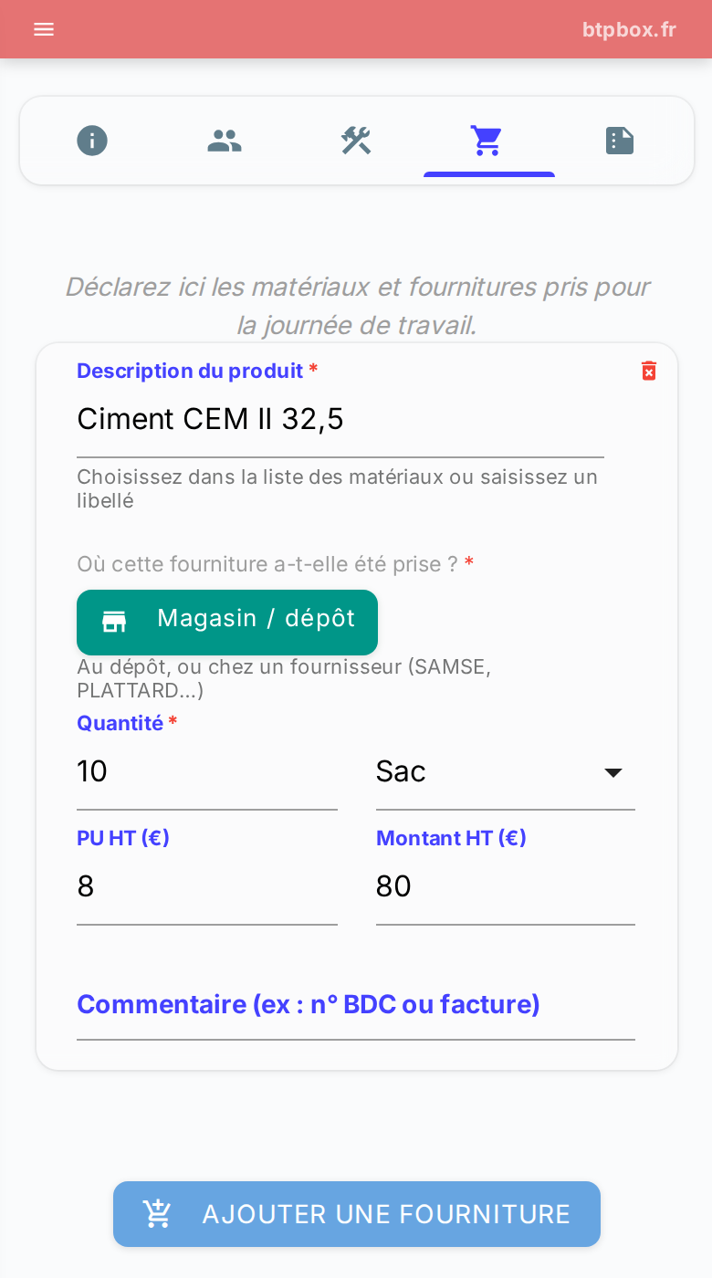 Matériaux et fournitures déclarés