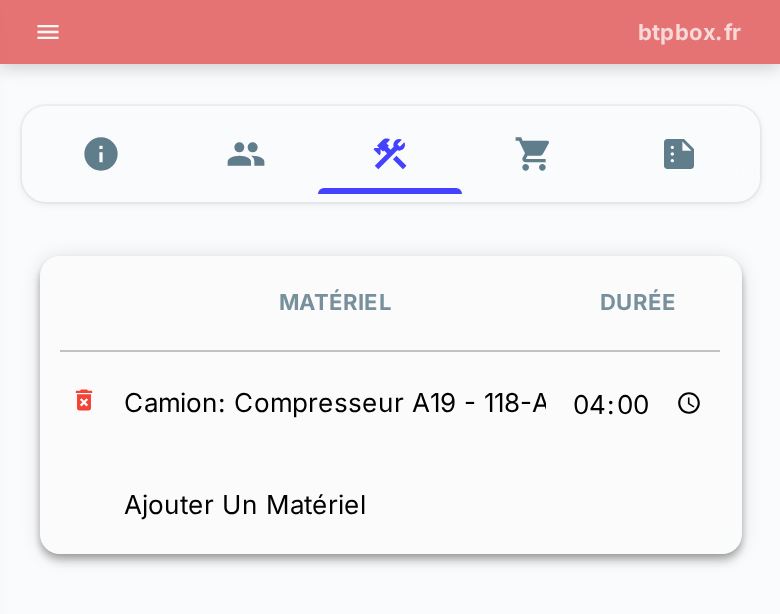 Matériel utilisé sur le chantier