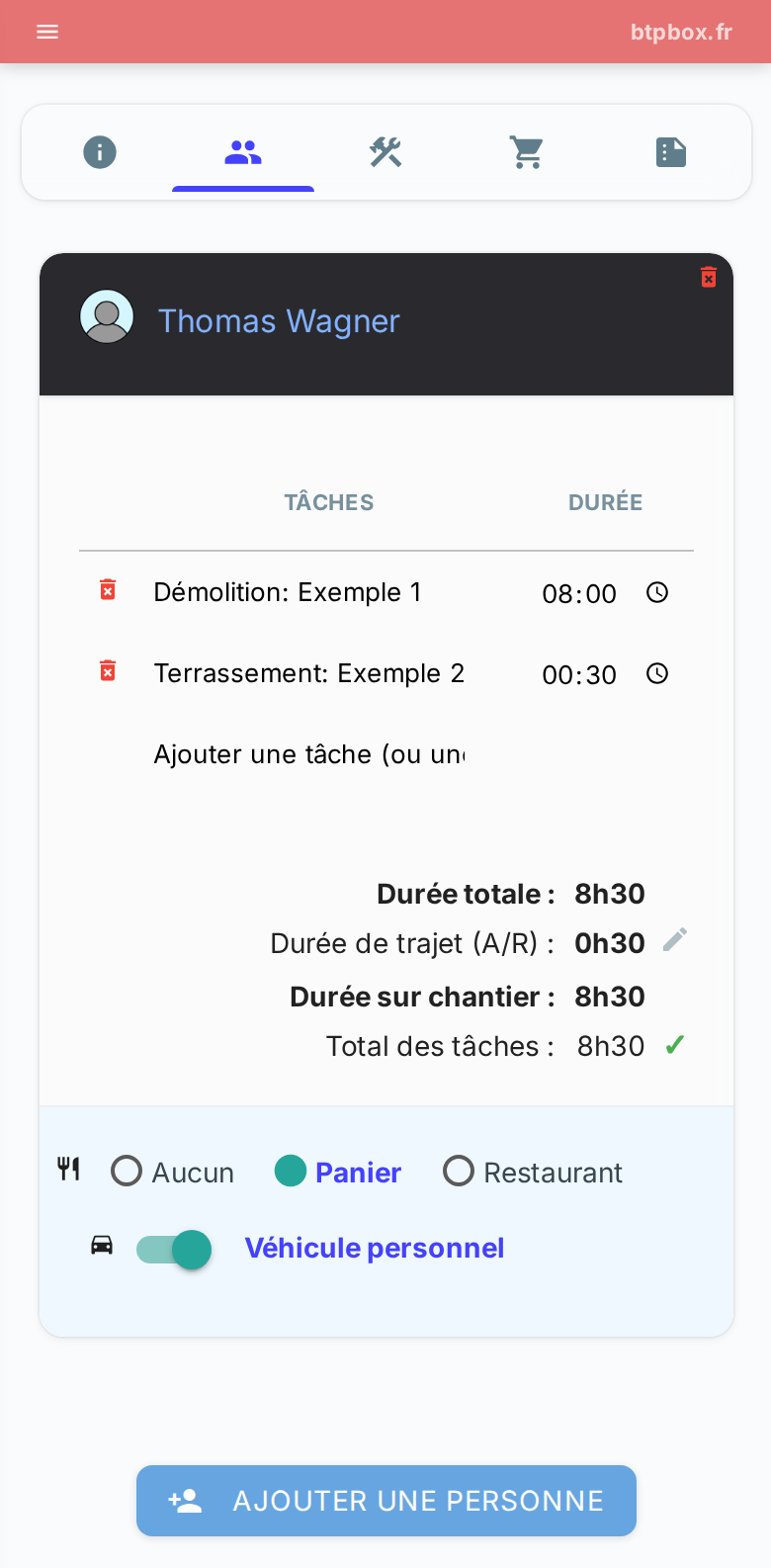 Saisie des heures et des tâches du personnel
