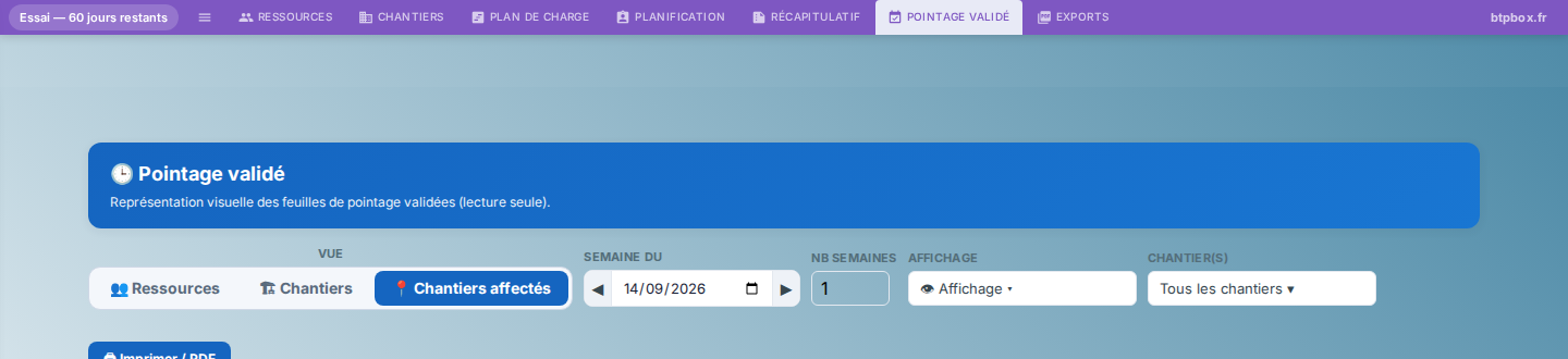 Onglet Pointage validé : suivi des feuilles de pointage validées