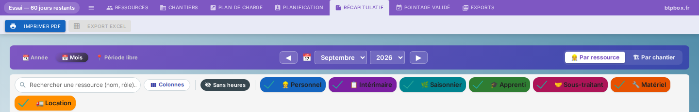 Onglet Récapitulatif : filtres et export des heures