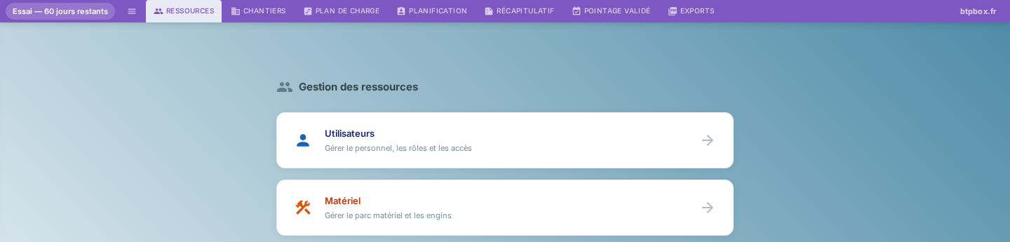 Onglet Ressources : gestion du personnel et du matériel